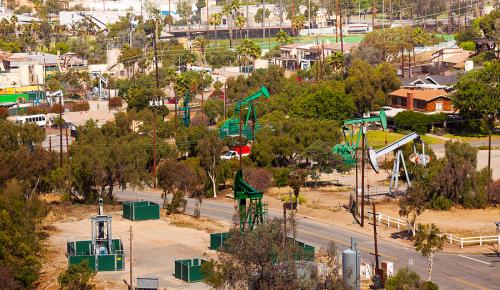 Oil and Gas extraction in the residential area along Long Beach Street, California.