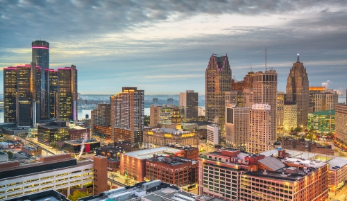 Detroit Michigan skyline at dusk