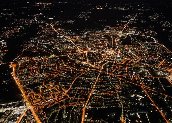 Aerial view of city lights at night