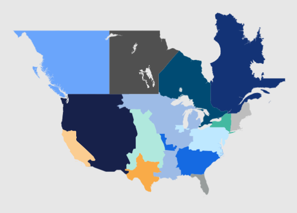 Map of wholesale markets in the US and Canada